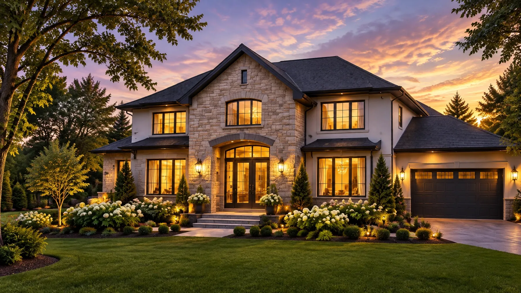 Welcoming stone home glowing at twilight