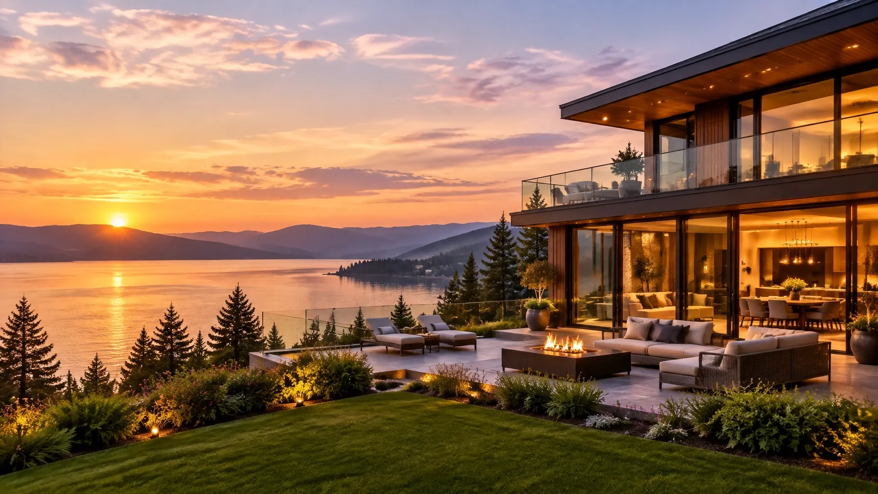 A modern home beside a peaceful lake at sunset